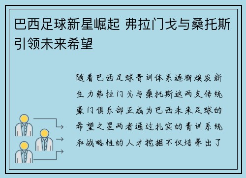 巴西足球新星崛起 弗拉门戈与桑托斯引领未来希望 巴西足球新星崛起 弗拉门戈与桑托斯引领未来希望